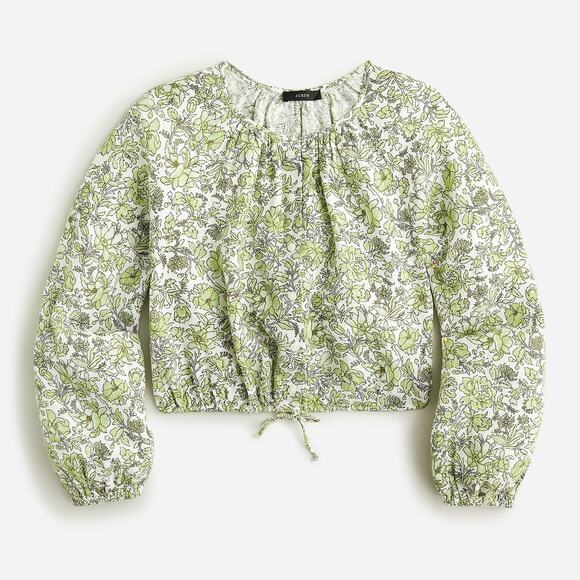 J. Crew Long Sleeve Linen Cropped Top Tossed Floral Green Women's Size Large - Picture 2 of 13